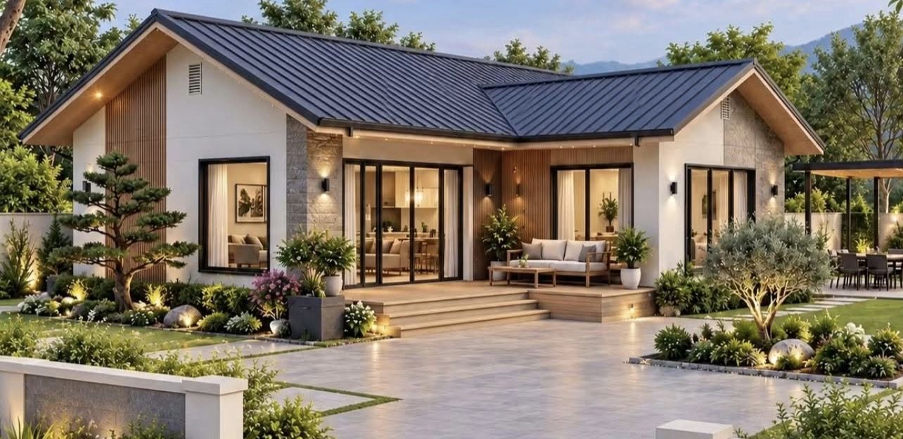 Nhà lắp ghép 3 phòng ngủ kết hợp sân vườn xanh mát