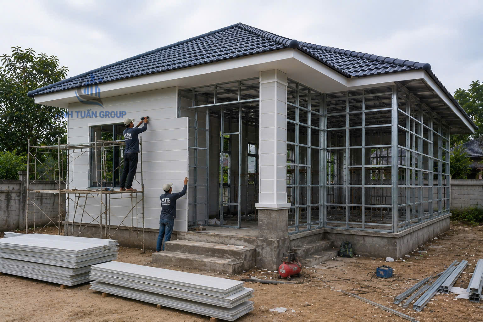 Nhà lắp ghép panel mái nhật tại Hậu Giang do Anh Tuấn Group đang thi công