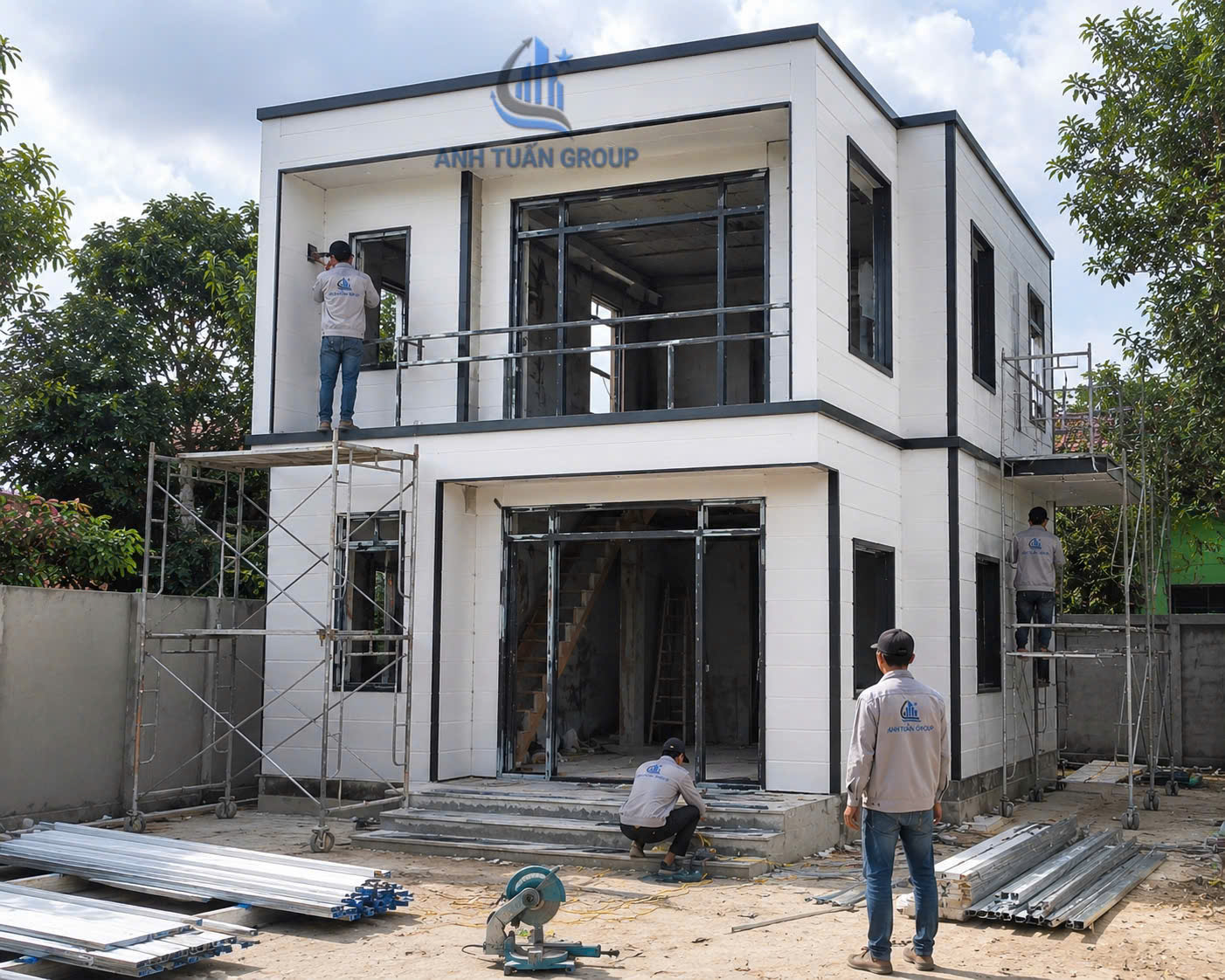 Nhà lắp ghép panel 2 tầng mái bằng tại Hậu Giang do Anh Tuấn Group đang thi công