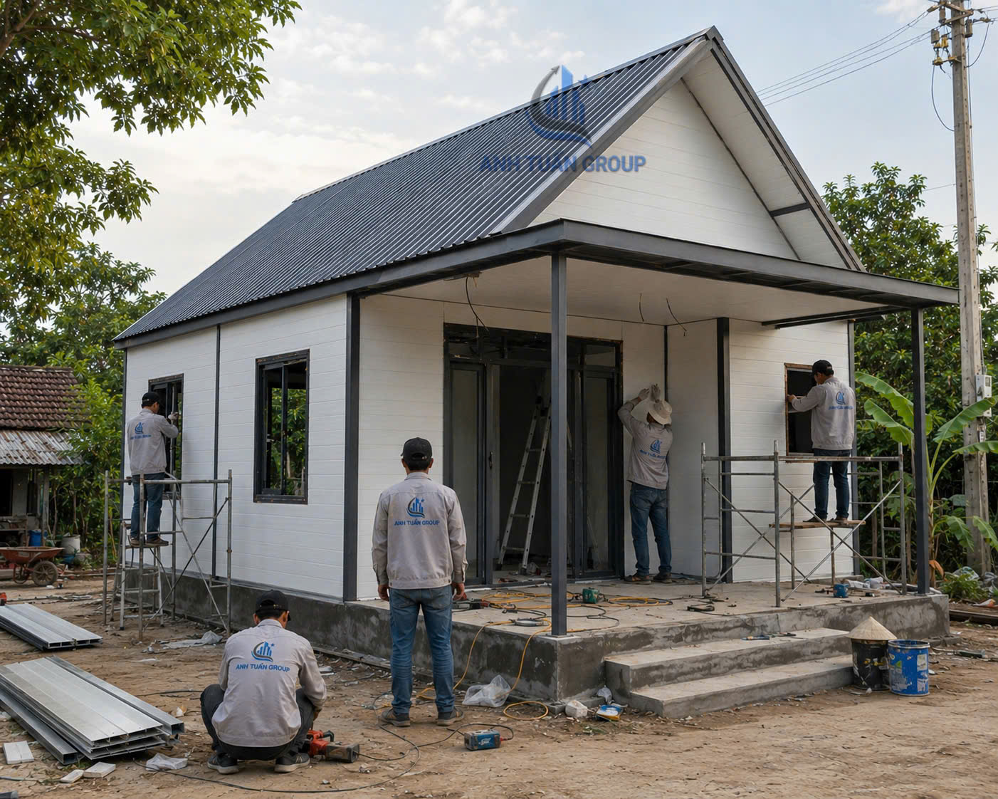 Nhà lắp ghép panel mái chữ A tại Đồng Tháp do Anh Tuấn Group đang thi công