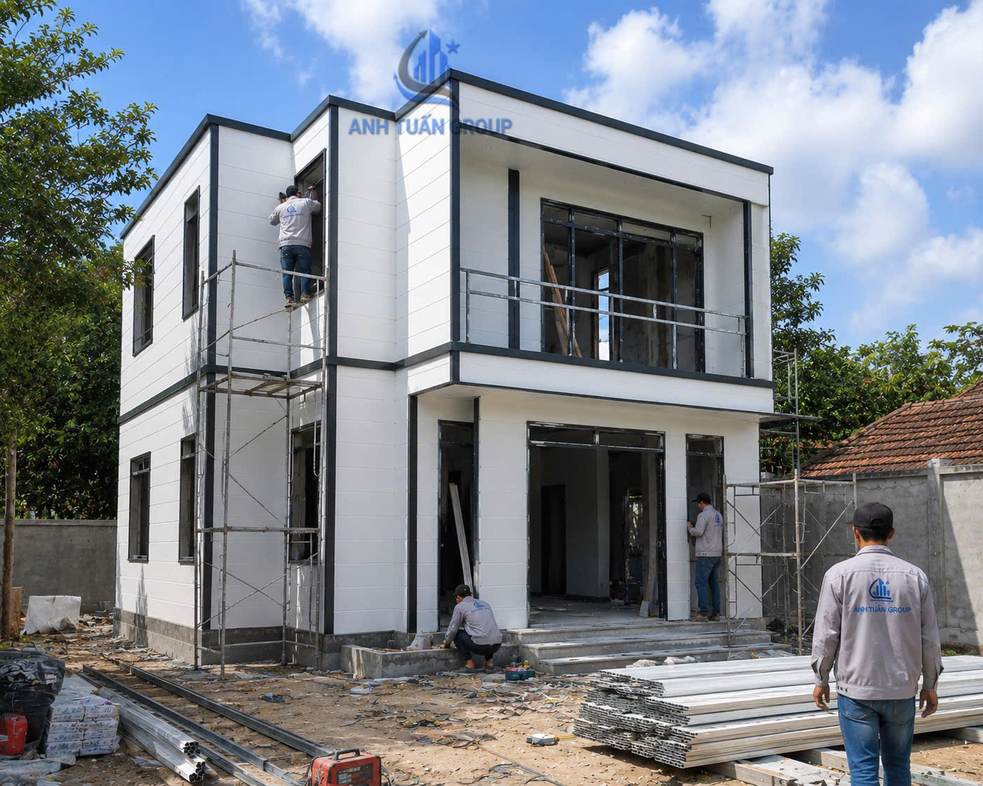 nhà lắp ghép panel 2 tầng tại Nha Trang do Anh Tuấn Group đang thi công 
